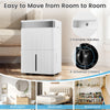 96 Pints dehumidifier in white with 4 casters and handles for easy mobility, ideal for any room's humidity control.