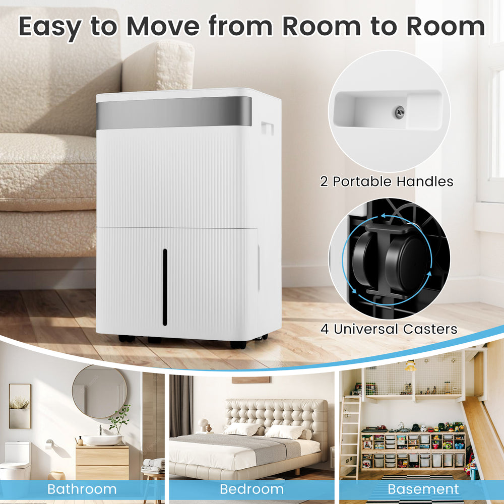 96 Pints dehumidifier in white with 4 casters and handles for easy mobility, ideal for any room's humidity control.