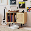 Record player stand with rattan cabinet, featuring storage for vinyl records and charging station, ideal for living.