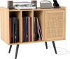Record player stand in natural wood with rattan cabinet, featuring storage for vinyl records and charging station.