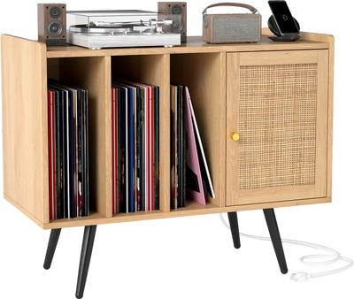 Costway Record Player Stand Charging Station Rattan Cabinet Side Table 96381795 New