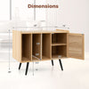 Dimensions of the natural wood Record Player Stand with rattan cabinet, featuring adjustable shelves and cable.