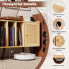 Record player stand with rattan cabinet, featuring cable management hole and adjustable shelf for organized storage.