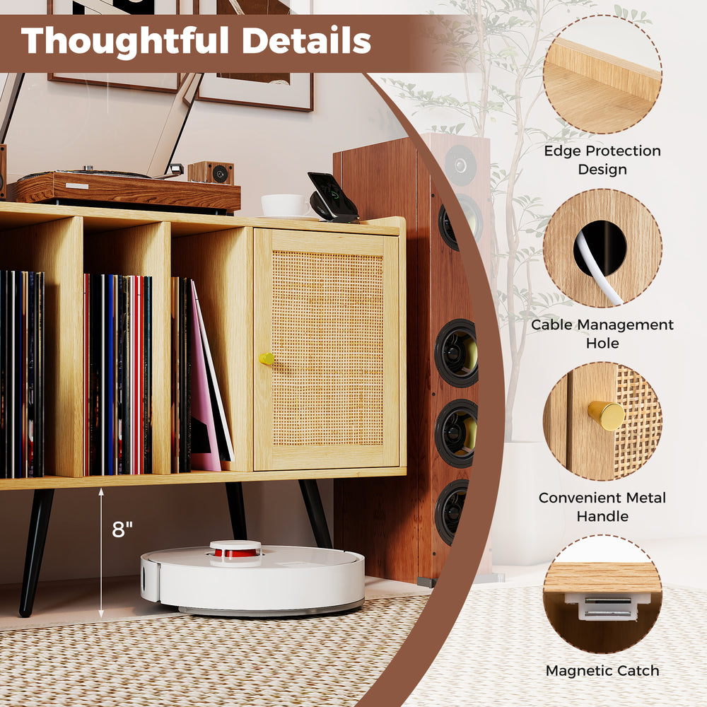 Record player stand with rattan cabinet, featuring cable management hole and adjustable shelf for organized storage.