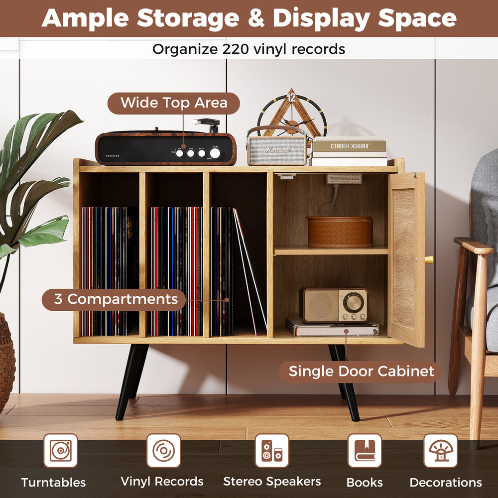 Record player stand with rattan cabinet, featuring wide top area, 3 compartments, and charging station for living room.