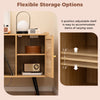 Record player stand with rattan cabinet, featuring adjustable shelves and charging station for versatile storage.
