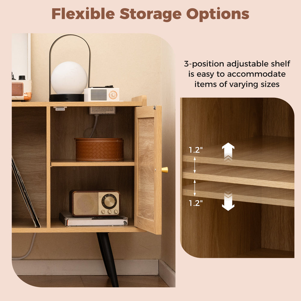 Record player stand with rattan cabinet, featuring adjustable shelves and charging station for versatile storage.