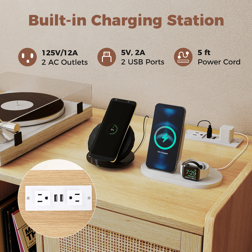 Record player stand featuring a built-in charging station with 2 AC outlets and 2 USB ports for convenient device.