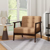 Beige accent chair with rubber wood frame and high-density foam, designed for comfort in living rooms or home offices.