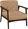 Beige accent chair with rubber wood frame, supportive armrests, and button tufting, perfect for living rooms.