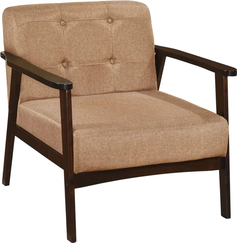 Beige accent chair with rubber wood frame, supportive armrests, and button tufting, perfect for living rooms.