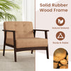 Beige rubber wood frame accent chair with armrests and button tufting, perfect for living room relaxation.