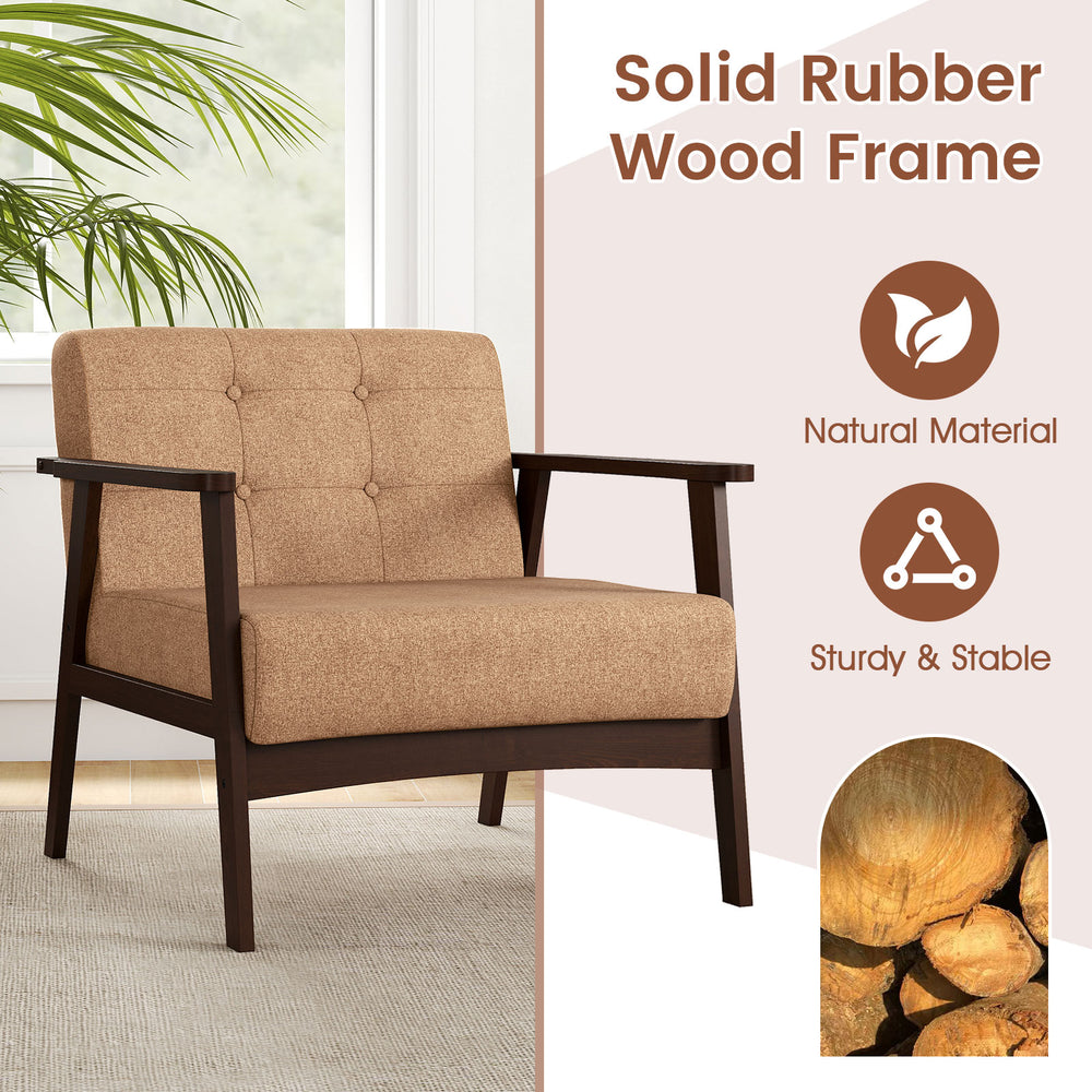 Beige rubber wood frame accent chair with armrests and button tufting, perfect for living room relaxation.