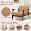 Beige mid-century modern accent chair with rubber wood frame, button tufting, ideal for living rooms and home offices.