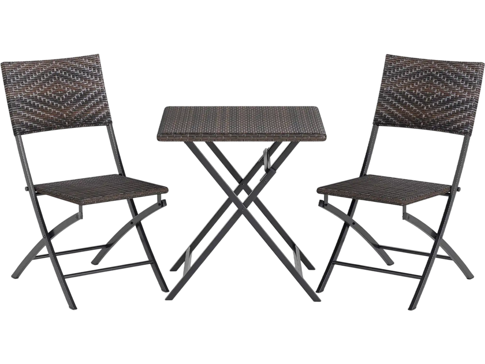 3 Piece Rattan Bistro Set Outdoor Folding Dining Table and Chairs with Wicker Seat