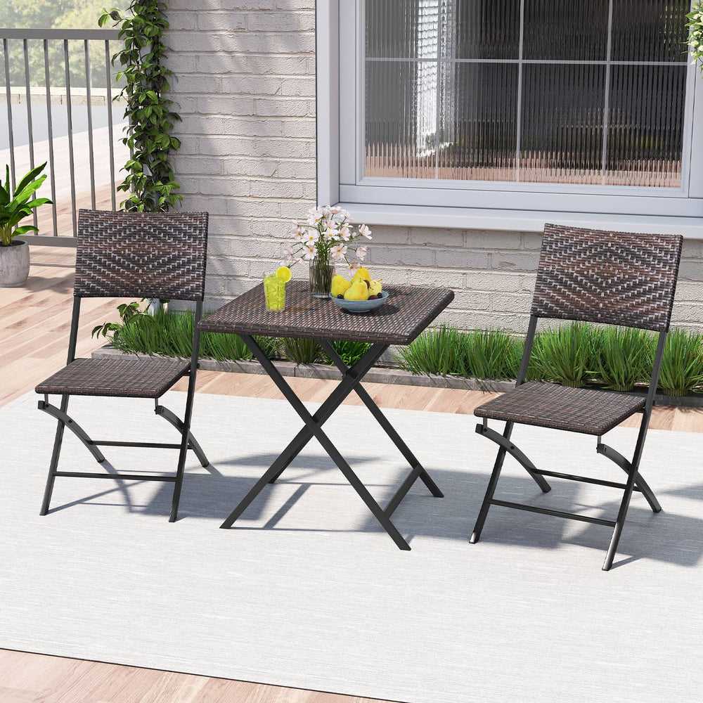 3-piece outdoor bistro set featuring folding chairs and a mixed brown PE rattan table for space-saving dining.