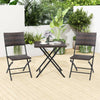 Outdoor 3-piece bistro set featuring mixed brown PE rattan chairs and folding table, perfect for space-saving dining.