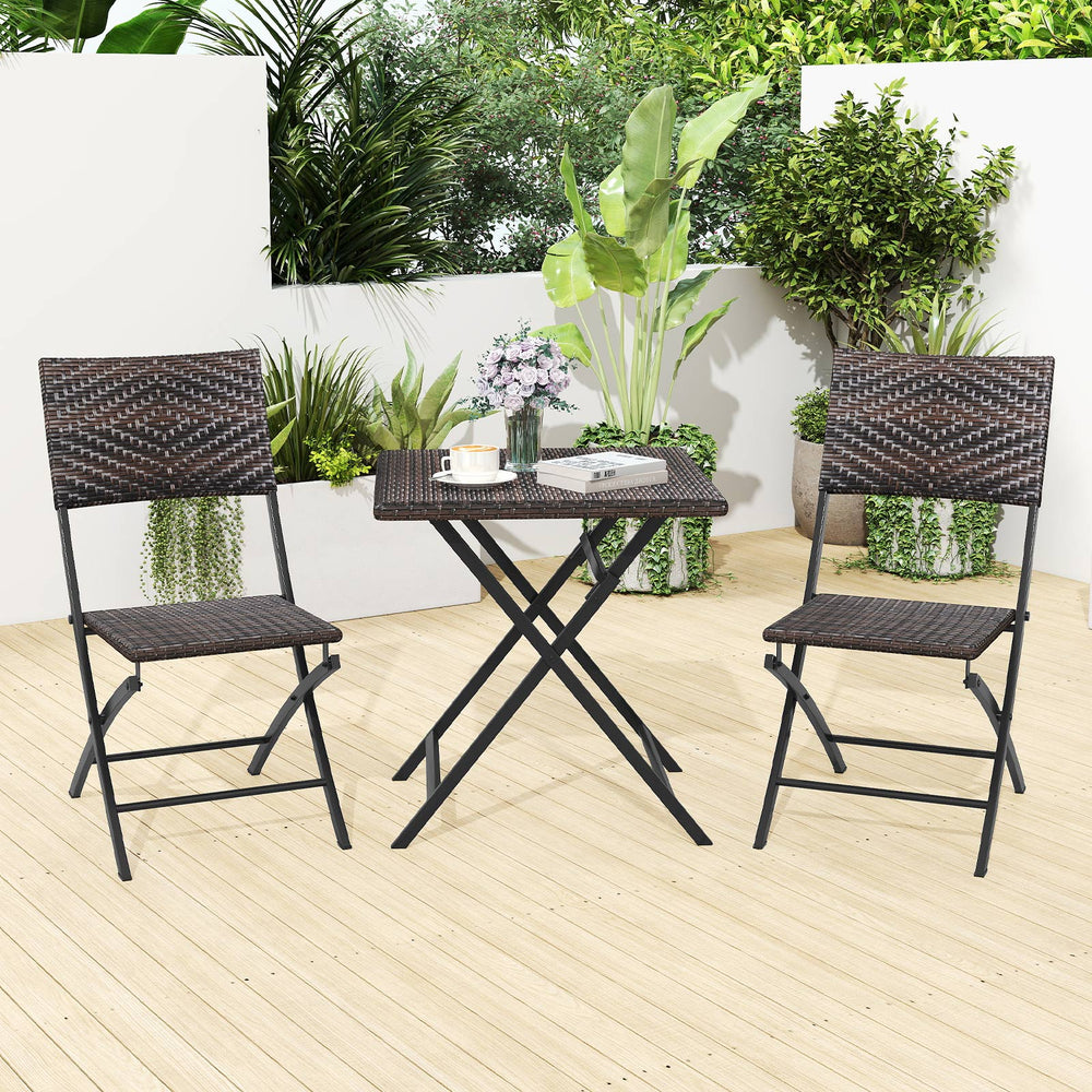 Outdoor 3-piece bistro set featuring mixed brown PE rattan chairs and folding table, perfect for space-saving dining.