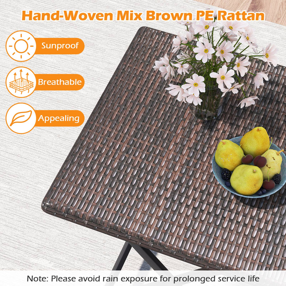 Hand-woven mix brown PE rattan tabletop of a folding dining table, ideal for outdoor bistro settings.