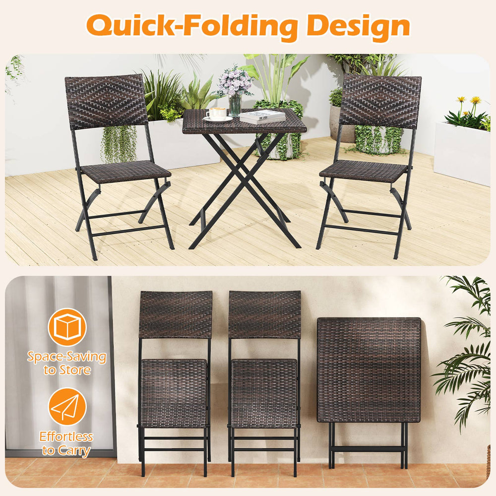 3-piece outdoor folding bistro set with mixed brown PE rattan, featuring a table and two chairs for space-saving dining.