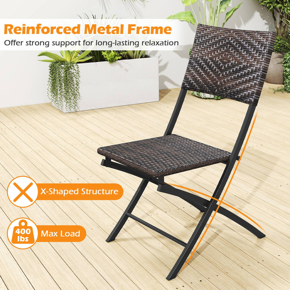 Folding chair with brown PE rattan seat and reinforced metal frame, designed for outdoor dining and easy storage.