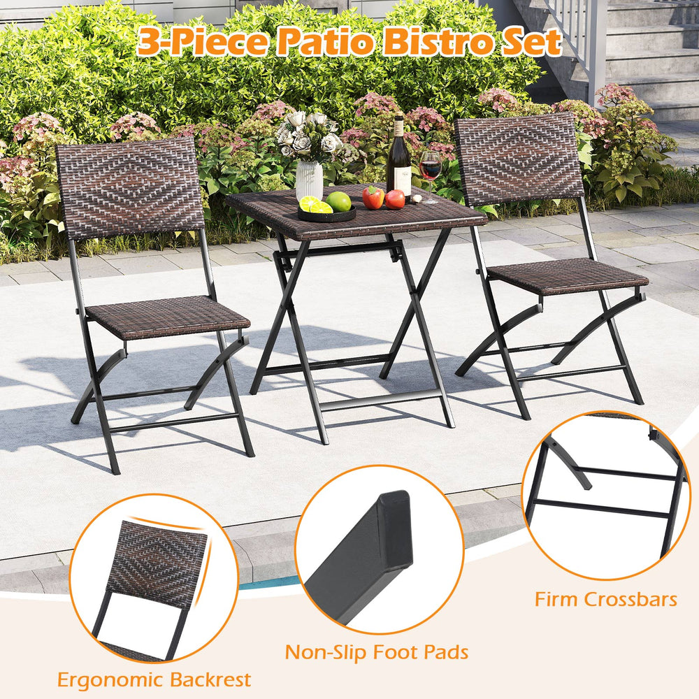 3-piece outdoor bistro set featuring folding table and chairs with mixed brown PE rattan for space-saving dining.