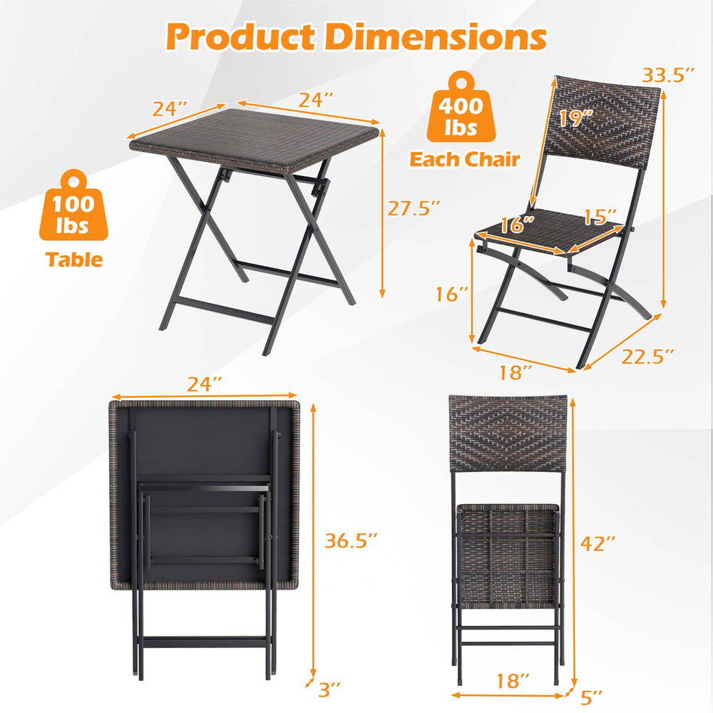 Folding dining table and chairs dimensions for the 3 Piece Rattan Bistro Set, featuring mixed brown PE rattan and metal.