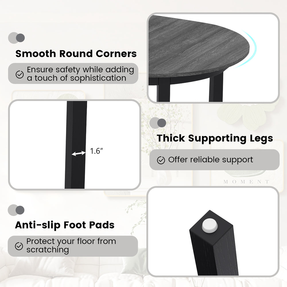 Smooth round corners and thick rubber wood legs of the 43-inch black dining table, ideal for small spaces.