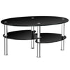 Tempered glass oval coffee table with chrome legs and two shelves, perfect for modern living rooms and studies.