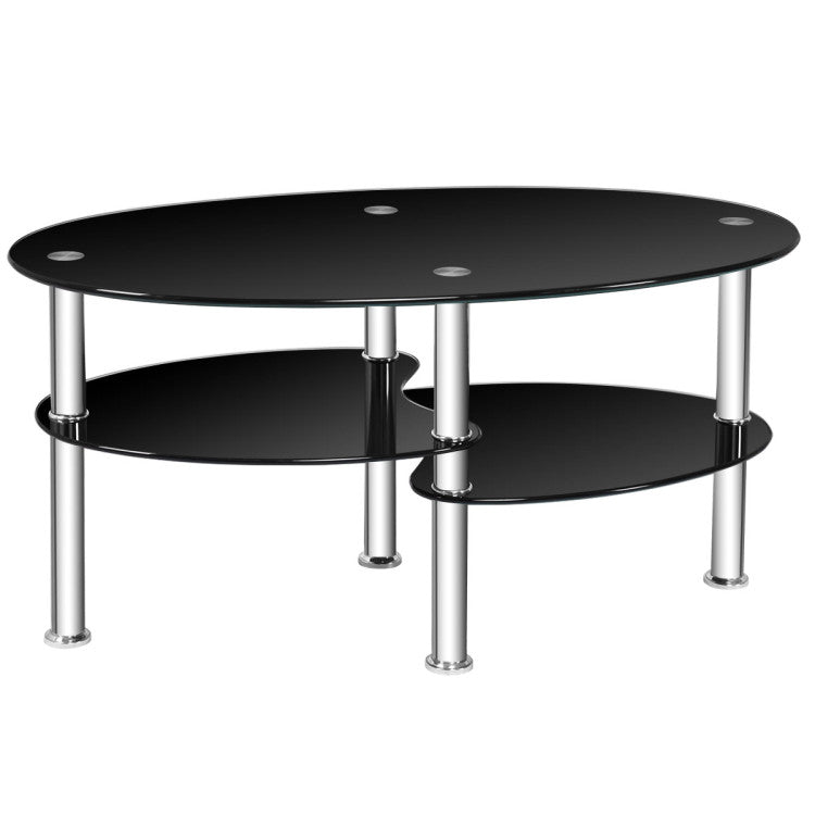 Tempered glass oval coffee table with chrome legs and two shelves, perfect for modern living rooms and studies.
