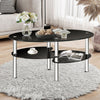 Oval tempered glass coffee table with black finish and metal legs, perfect for living rooms or studies.