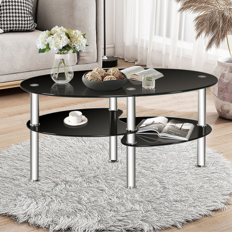Oval tempered glass coffee table with black finish and metal legs, perfect for living rooms or studies.