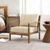 Modern accent chair in natural wood with beige linen fabric, perfect for living rooms or studies, paired with a coffee.
