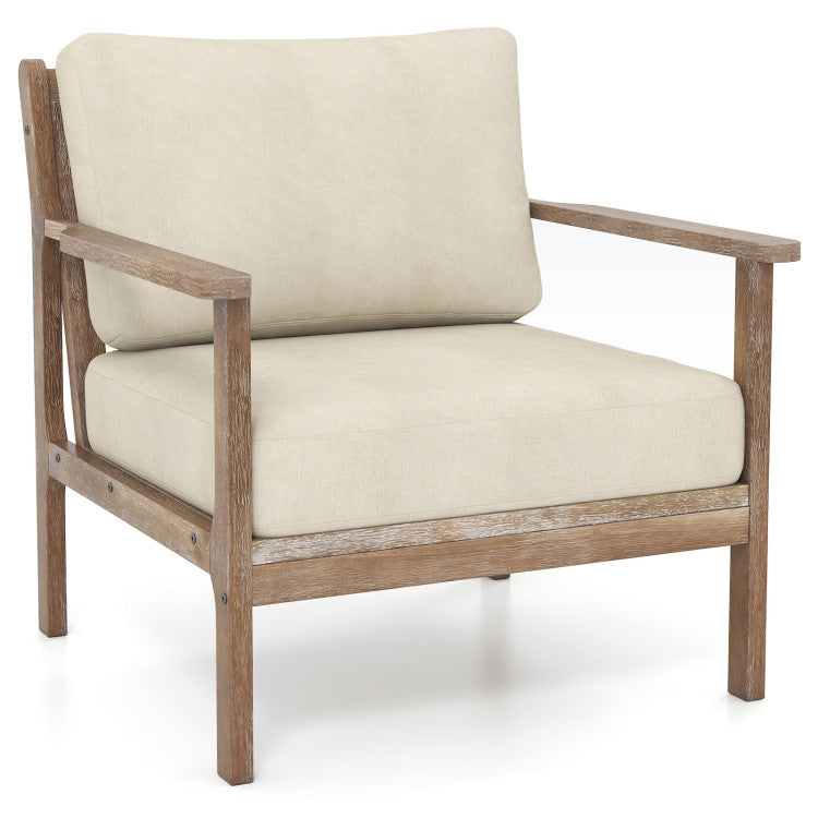 Modern accent chair with natural solid wood frame and skin-friendly linen fabric, perfect for living rooms or studies.
