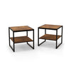 Two modern side tables with a rustic wood finish and metal frames, ideal for living room storage and decor.