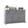 Gray sideboard buffet storage with three drawers and cabinets, perfect for dining room organization and style.