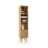 Tall storage cabinet with rattan door and wooden frame, featuring shelves for decor and books, ideal for living room.