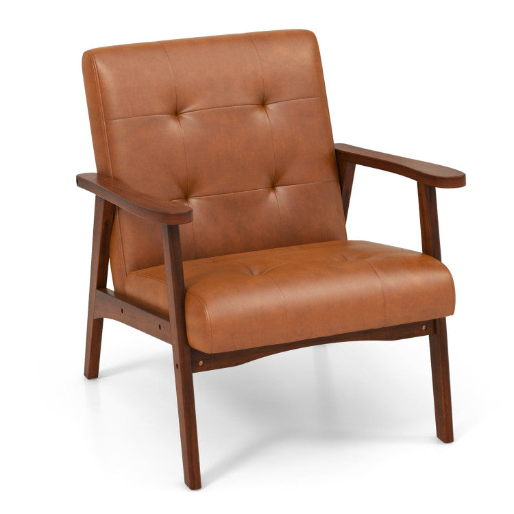 Accent chair with brown faux leather upholstery and wooden frame, designed for comfort and relaxation in living rooms.