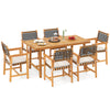 7-piece patio dining set featuring a rectangular acacia wood table and 6 armchairs with woven rope seats for outdoor.