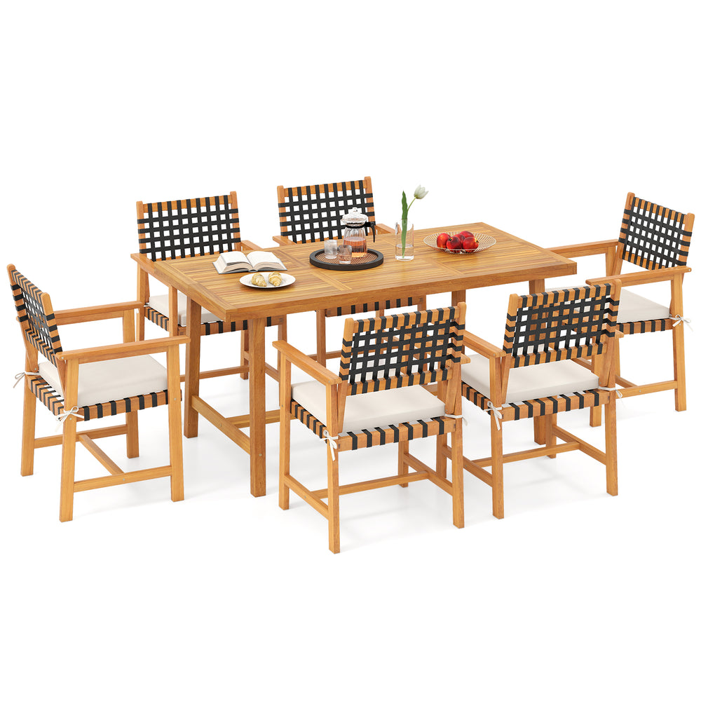 7-piece patio dining set featuring a rectangular acacia wood table and 6 armchairs with woven rope seats for outdoor.