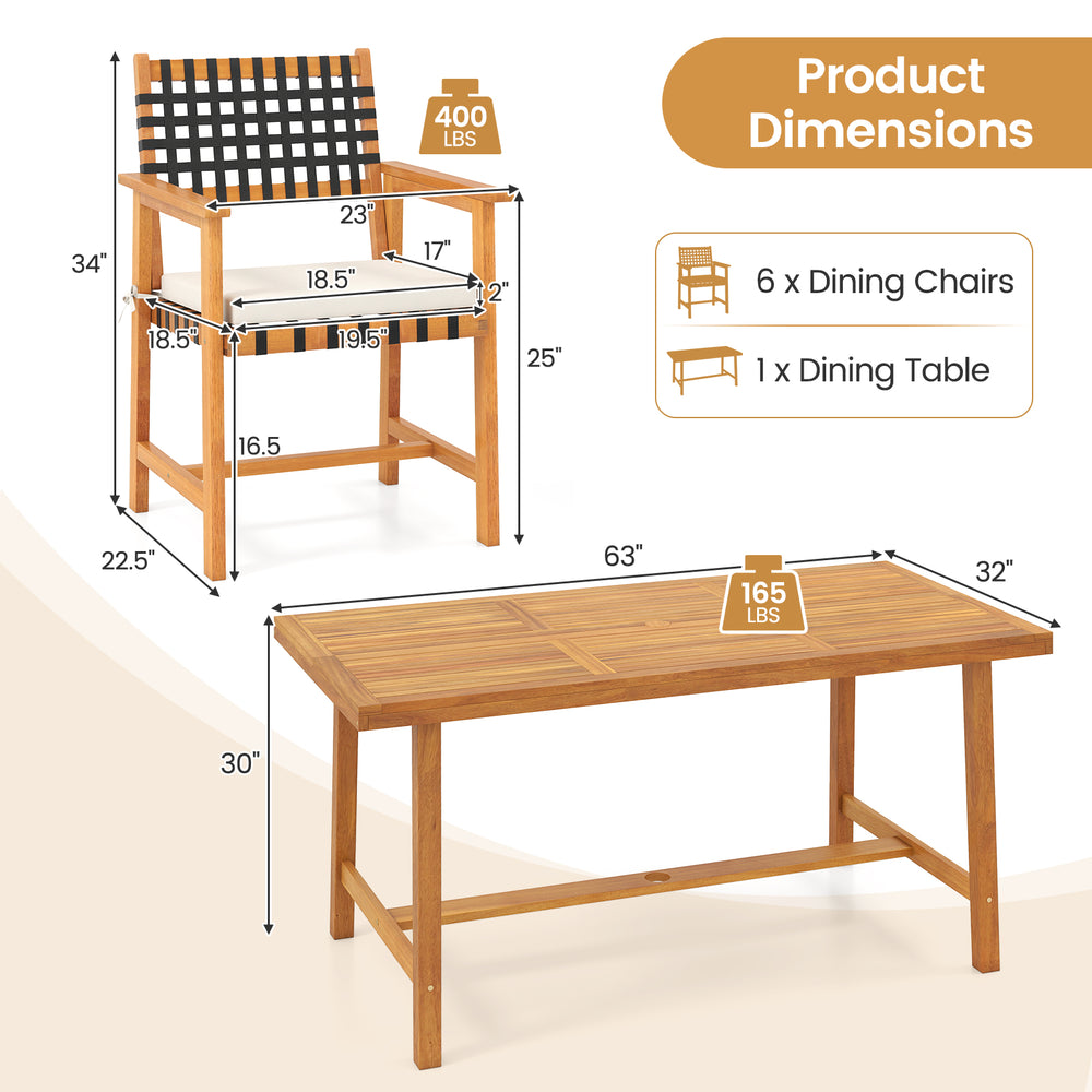 7-piece patio dining set featuring a rectangular table and 6 acacia wood armchairs, perfect for outdoor gatherings.