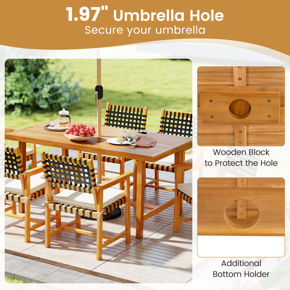 1.97" umbrella hole detail of the 7-piece patio dining set, featuring a wooden block for protection and an additional.