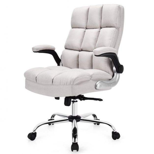 High-back linen executive chair with ergonomic support and chrome base, perfect for compact home office setups.