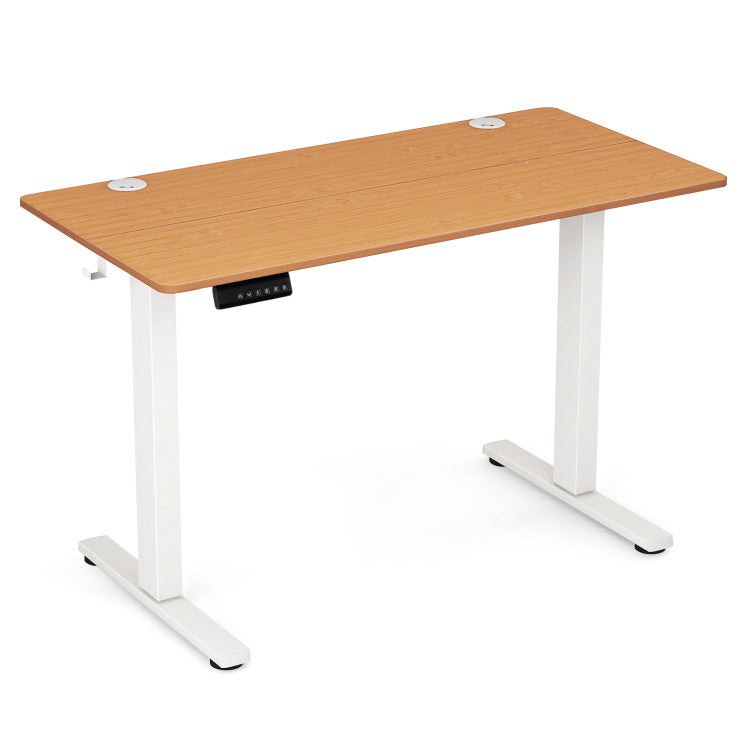 Compact standing desk with bamboo top and white legs, featuring electric lift and memory height settings for small.