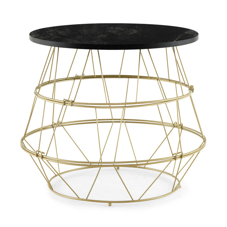 Round side table with faux marble top and gold metal frame, featuring hidden storage for modern living room use.