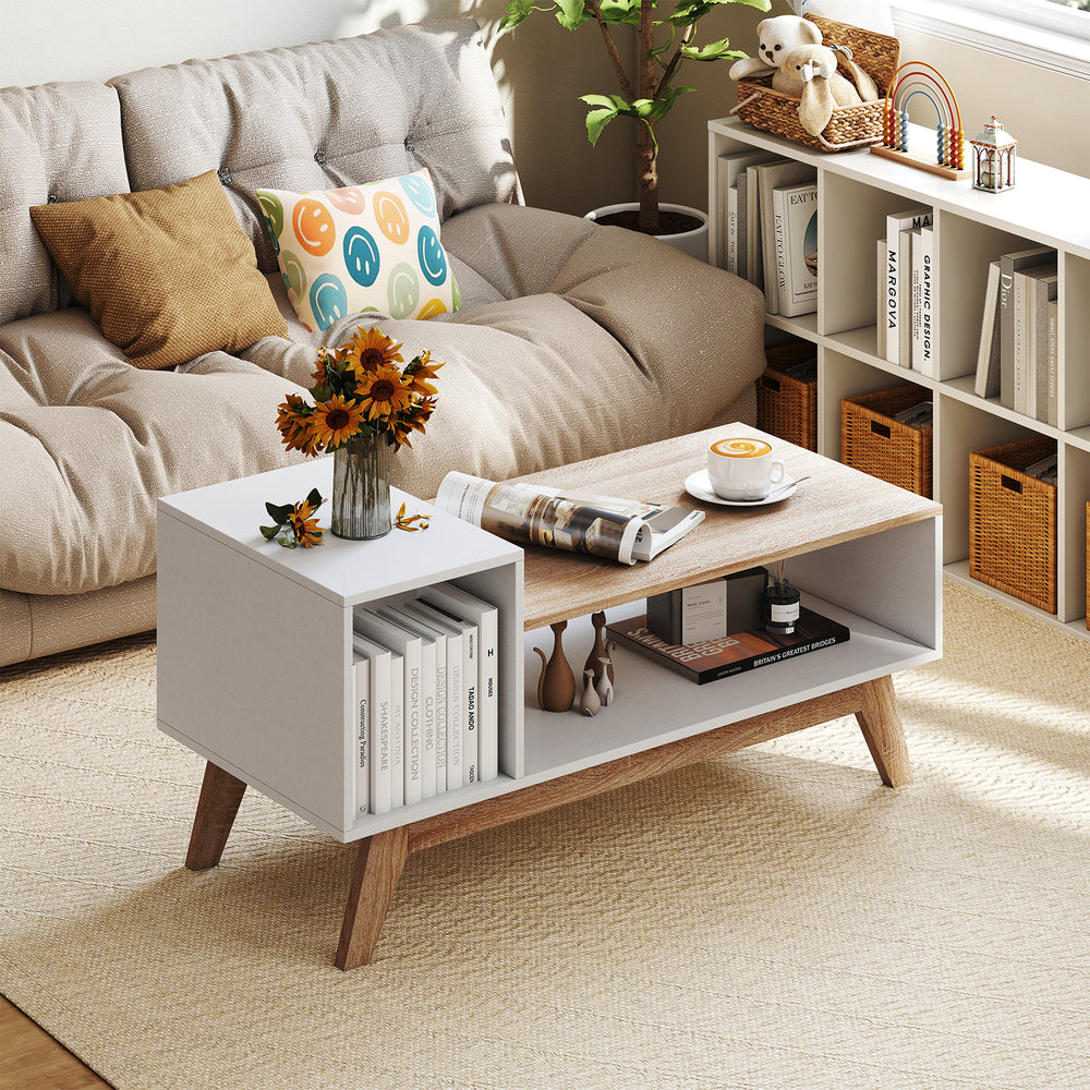 43-inch coffee table with stepped tabletop and storage compartments in white, perfect for living room organization.