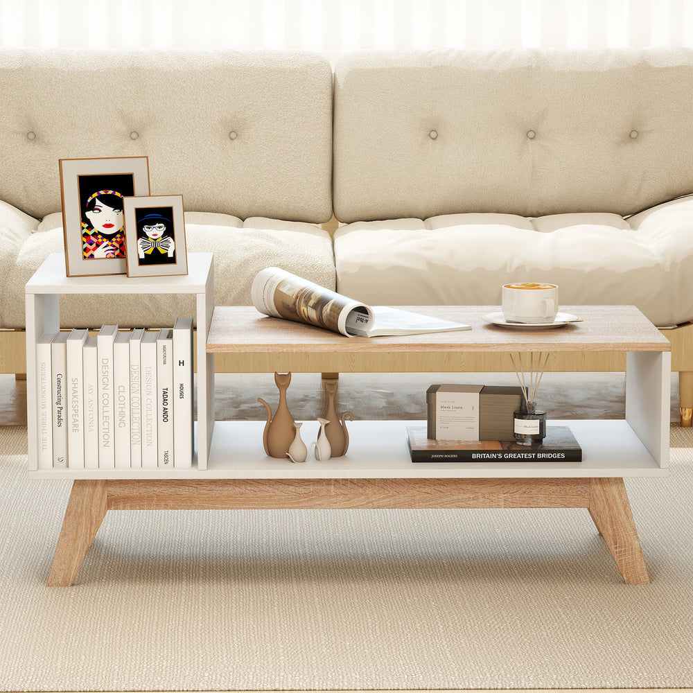 43-inch coffee table with stepped tabletop and storage compartments in white, ideal for living room or study use.