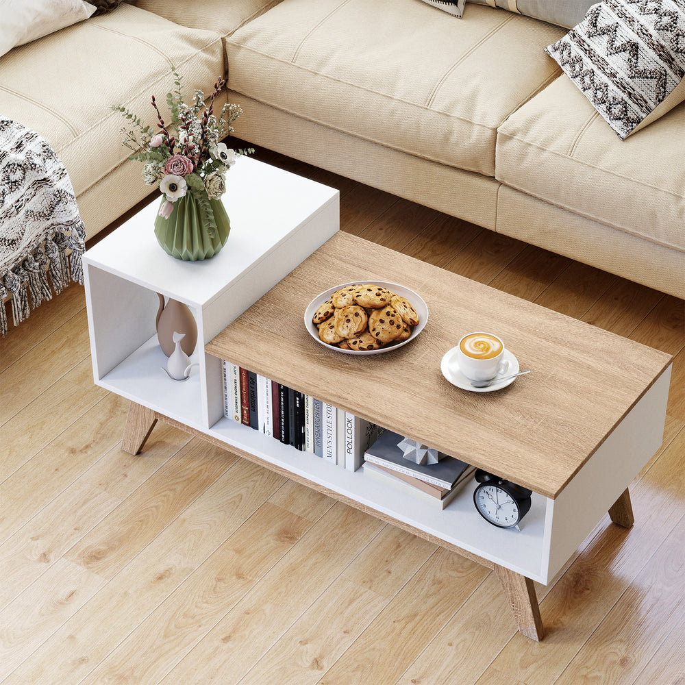 43-inch coffee table with stepped tabletop, white finish, and open storage compartments for living room organization.