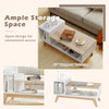 43" coffee table with stepped tabletop and 2 open compartments, designed for convenient access and versatile placement.