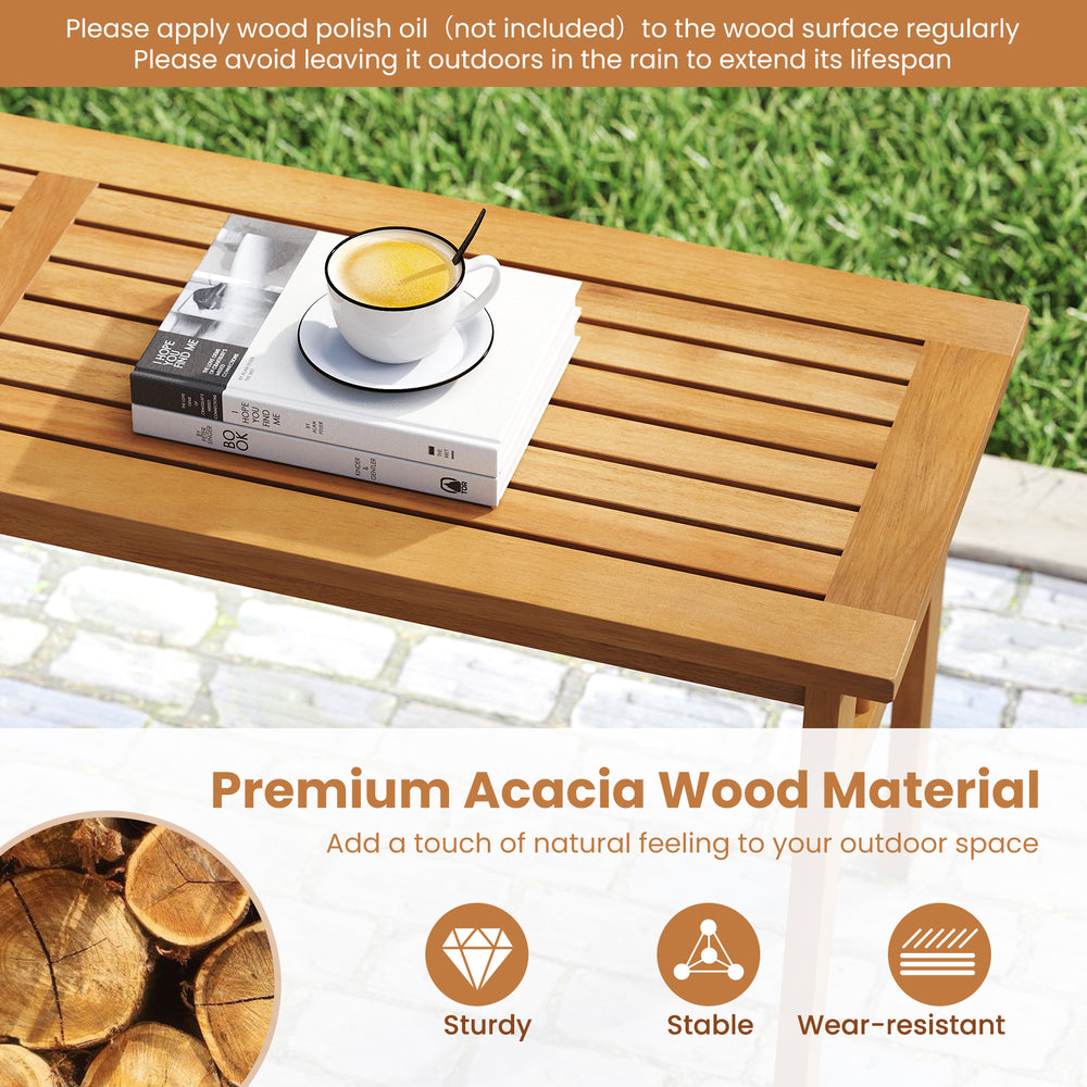Acacia wood rectangular picnic table with two benches, perfect for outdoor dining and relaxation in your patio or.